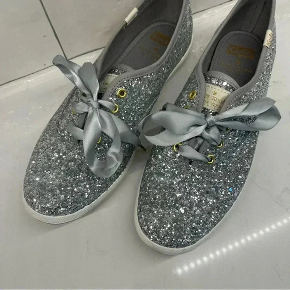Keds x Kate Spade Champions Silver Glitter Sneaker with Ribbon Shoelaces 6.5 - Picture 3 of 10